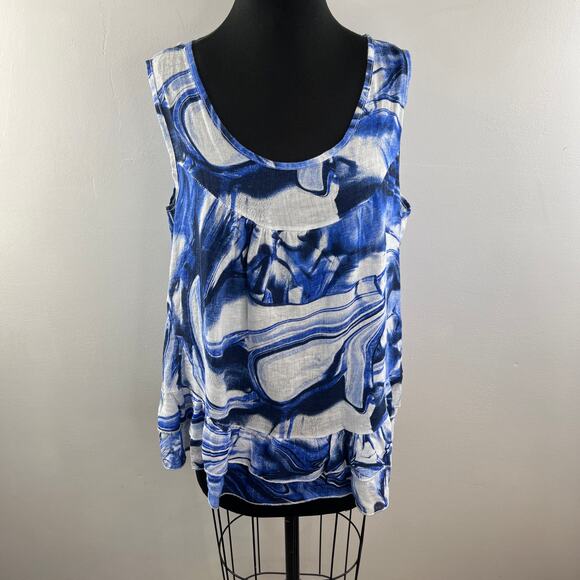 Piazza Del Tempio White Blue Tiered Top Linen Abstract Print Scoop Neck Size XL - Picture 2 of 12